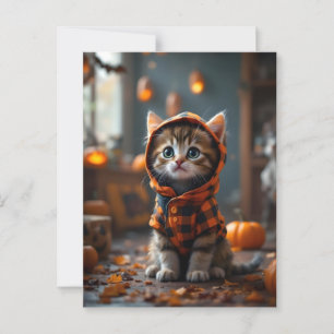 Cartão Postal Gatinho fofo com um casaco preto e laranja no Hall
