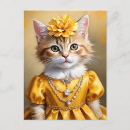 Cartão Postal Gatinho Fofo de Gata em Vestido Amarelo