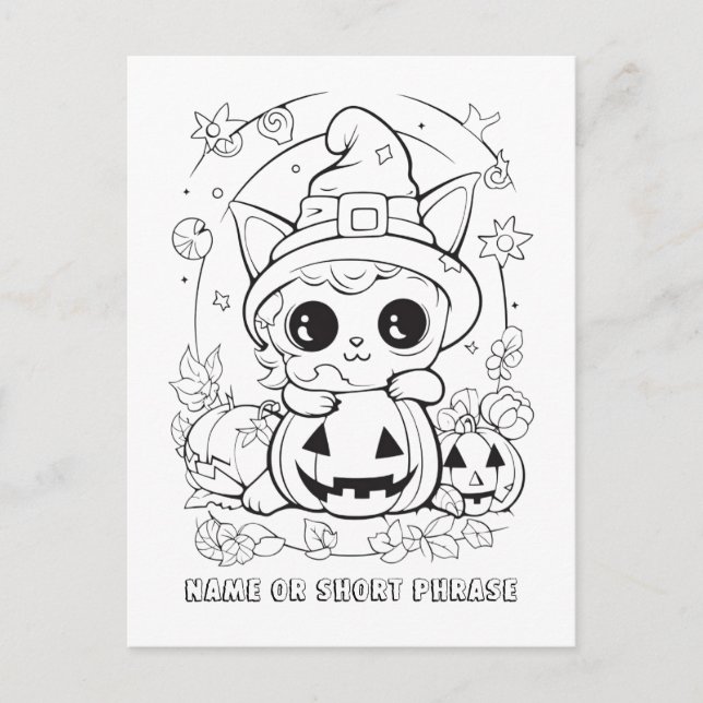 Cartão Postal Gatinho Fofo de Halloween Pinte Você Mesmo (Frente)