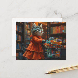 Cartão Postal Gatinho Fofo de Vestido Laranja Comprando Mantimen