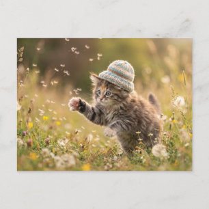 Cartão Postal Gatinho Fofo Usando um Chapéu Brincando com Dente-