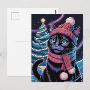 Cartão Postal Gatinho Gato Preto Fofo Natal Férias de Inverno