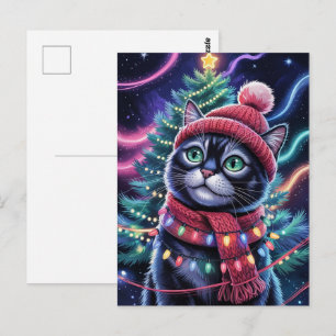 Cartão Postal Gatinho Gato Preto Fofo Natal Férias de Inverno