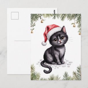 Cartão Postal Gatinho Gato Preto Fofo Natal Inverno Férias