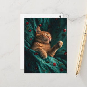 Cartão Postal Gatinho Gengibre Sonolento Debaixo dos Lençóis