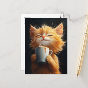 Cartão Postal Gatinho Ginger Bonito com Café