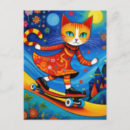 Cartão Postal Gatinho laranja adorável num skate de vestidos