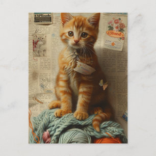Cartão Postal Gatinho Laranja Colagem de Linha Mídia Mista