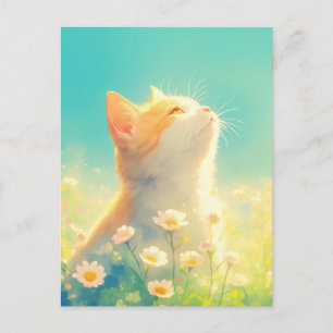 Cartão Postal Gatinho Laranja no Prado de Margaridas Brancas