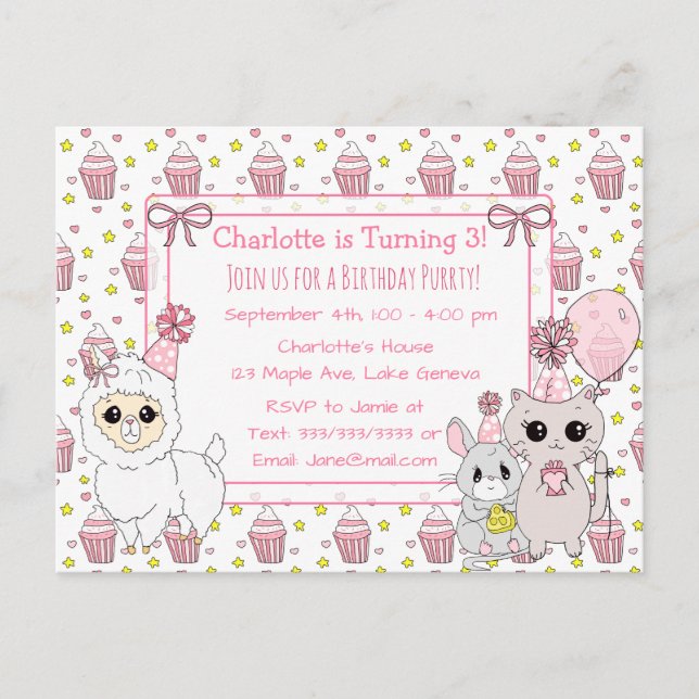 Cartão Postal Gatinho, Llama e Aniversário da Mouse (Frente)