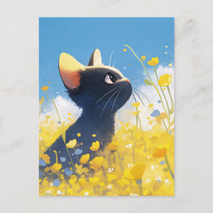 Cartão Postal Gatinho no Prado de Flor de Borboleta Amarela Enso