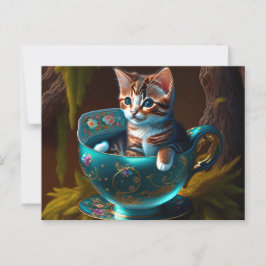 Cartão Postal Gatinho num Teacup Azul - Gato