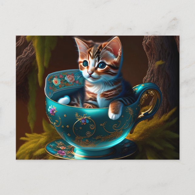 Cartão Postal Gatinho num Teacup Azul - Gato (Frente)