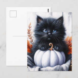 Cartão Postal Gatinho Preto com Abóbora Branca de Halloween