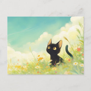 Cartão Postal Gatinho Preto em Ensolarado Prado de Flores Silves