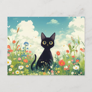 Cartão Postal Gatinho Preto em Ensolarado Prado de Verão com Flo