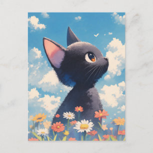 Cartão Postal Gatinho Preto em Prado de Verão de Flor de Margari