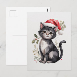 Cartão Postal Gatinho Preto Fofo do Natal Férias de Inverno