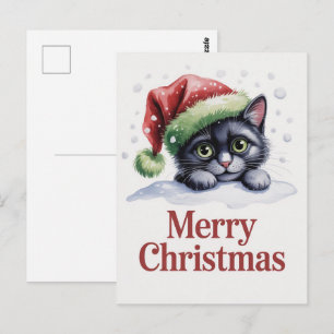 Cartão Postal Gatinho Preto Fofo Natal Férias de Inverno     
