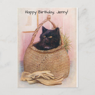 Cartão Postal Gatinho Preto na Cesta Perto das Luvas de Jardinag