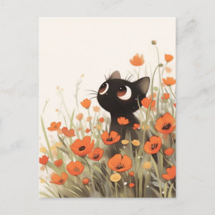 Cartão Postal Gatinho Preto no Campo de Papoulas Laranjas Selvag