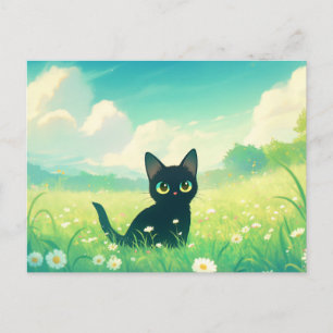 Cartão Postal Gatinho Preto no Prado Ensolarado de Flores de Mar