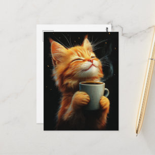 Cartão Postal Gatinho Ruivo Adorável Com um Café