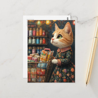 Cartão Postal Gatinho Ruivo Adorável Fazendo Compras de Mercado