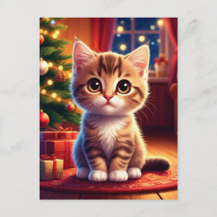 Cartão Postal Gatinho Sentado ao Lado da Árvore de Natal Ilumina