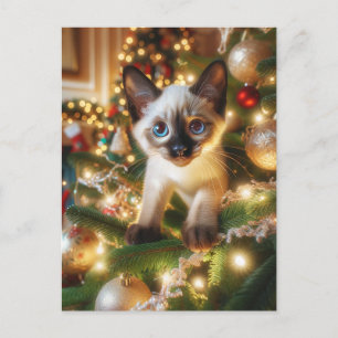 Cartão Postal Gatinho Siamês Adorável na Árvore de Natal