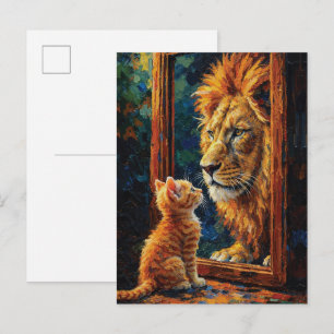 Cartão Postal Gatinho Vendo Reflexo de Leão Motivacional Impasto