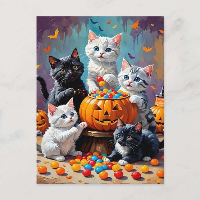 Cartão Postal Gatinhos de Halloween e Bolinhos Doces de Abóbora (Frente)