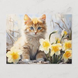 Cartão Postal Gatinhos e Daffodils