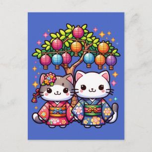 Cartão Postal Gatinhos Tanabata em Quimonos