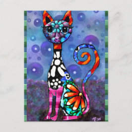Cartão Postal Gato Abstrato Esquisito de Olhos Grandes e Funky