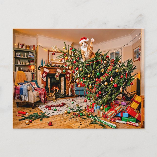 Cartão Postal Gato Acenando da Árvore de Natal (Frente)