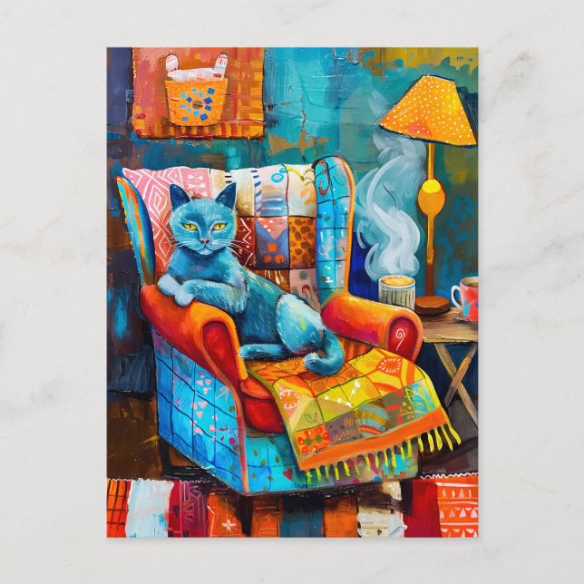 Cartão Postal Gato Aconchegante na Poltrona (Frente)