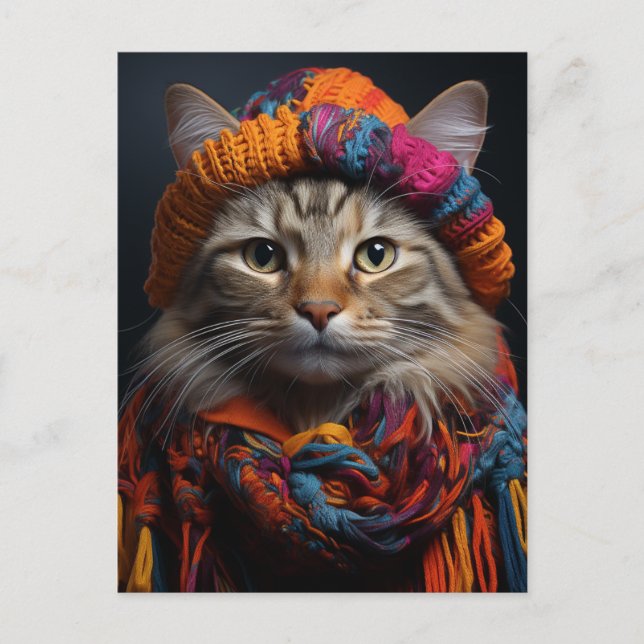 Cartão Postal Gato Adorável com Cachecol e Chapéu (Frente)