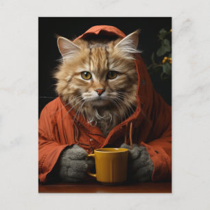 Cartão Postal Gato Adorável Com Café