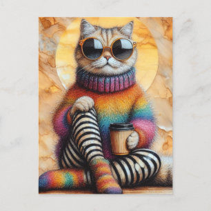 Cartão Postal Gato Adorável Com Café