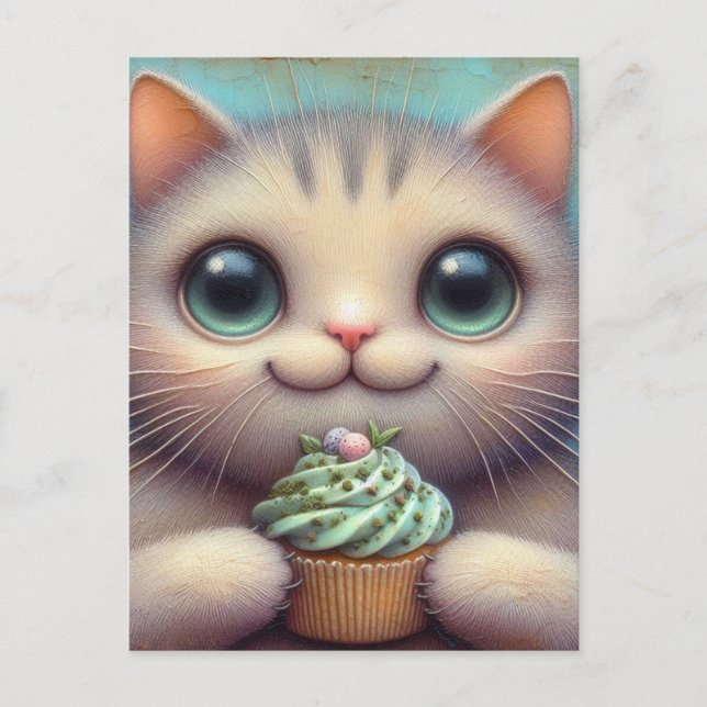 Cartão Postal Gato Adorável com Cupcake de Erva-dos-Gatos (Frente)