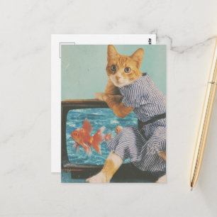 Cartão Postal Gato Adorável Com Peixe Dourado na TV Colagem Retr