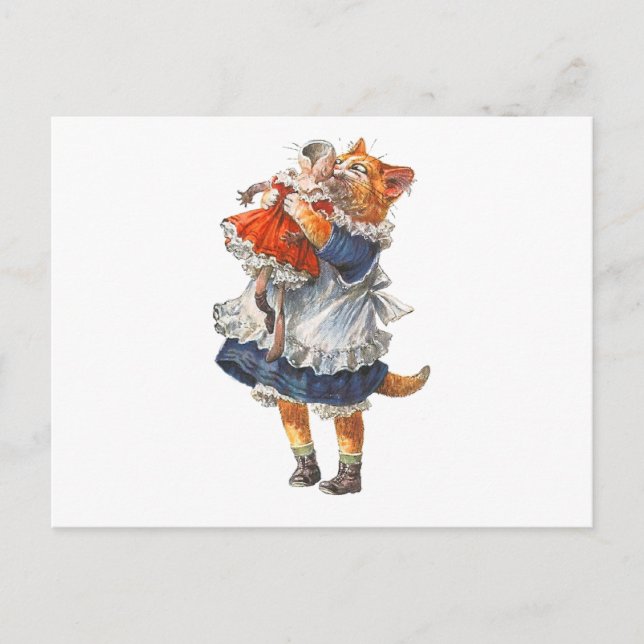 Cartão Postal Gato Adorável Kitty Abraça Sua Boneca Quebrada. (Frente)