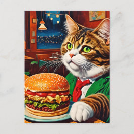 Cartão Postal Gato Adorável num Dinheiro Vintage Cheeseburger