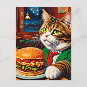 Cartão Postal Gato Adorável num Dinheiro Vintage Cheeseburger