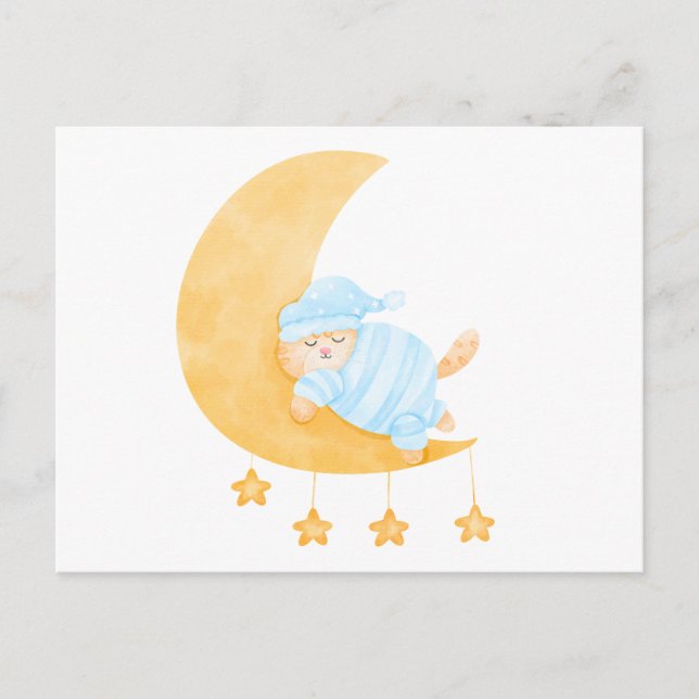 Cartão Postal Gato Adormecido em Aquarela na Lua Crescente (Frente)