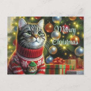 Cartão Postal Gato Amante Gato Fofo perto da Árvore de Natal