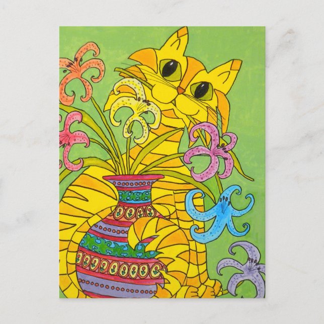 Cartão Postal Gato Amarelo com Vase dos Lírios (Frente)