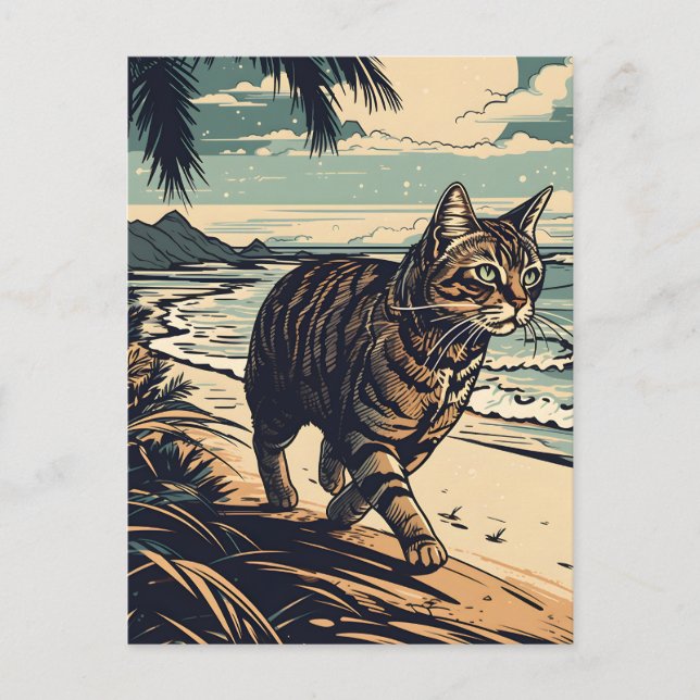 Cartão Postal Gato americano-de-praia em uma praia tropical (Frente)