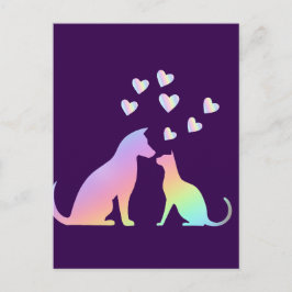 Cartão Postal Gato Arco-Íris Fofo e Silhueta de Cachorro Amor Ro